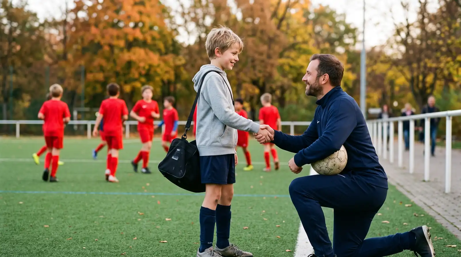 Trainer begrüßt einen neuen Spieler am Spielfeldrand
